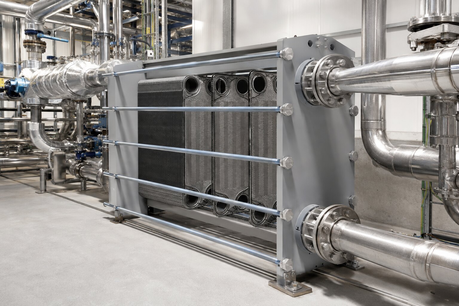 Vitherm Asia FlowPack gasketed plate heat exchanger installed in a modern process plant